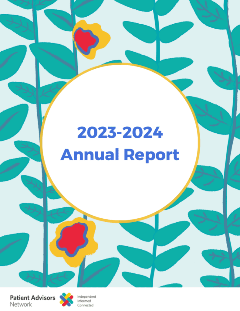 A report cover with artistic renderings of vines and flowers in PAN's branded colors. The report cover is titled "202302924 Annual Report"